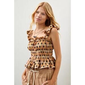 EVA FRANCO NEW Checked Ruffle Tank Brown Smocked Peplum Top Casual Women's XS